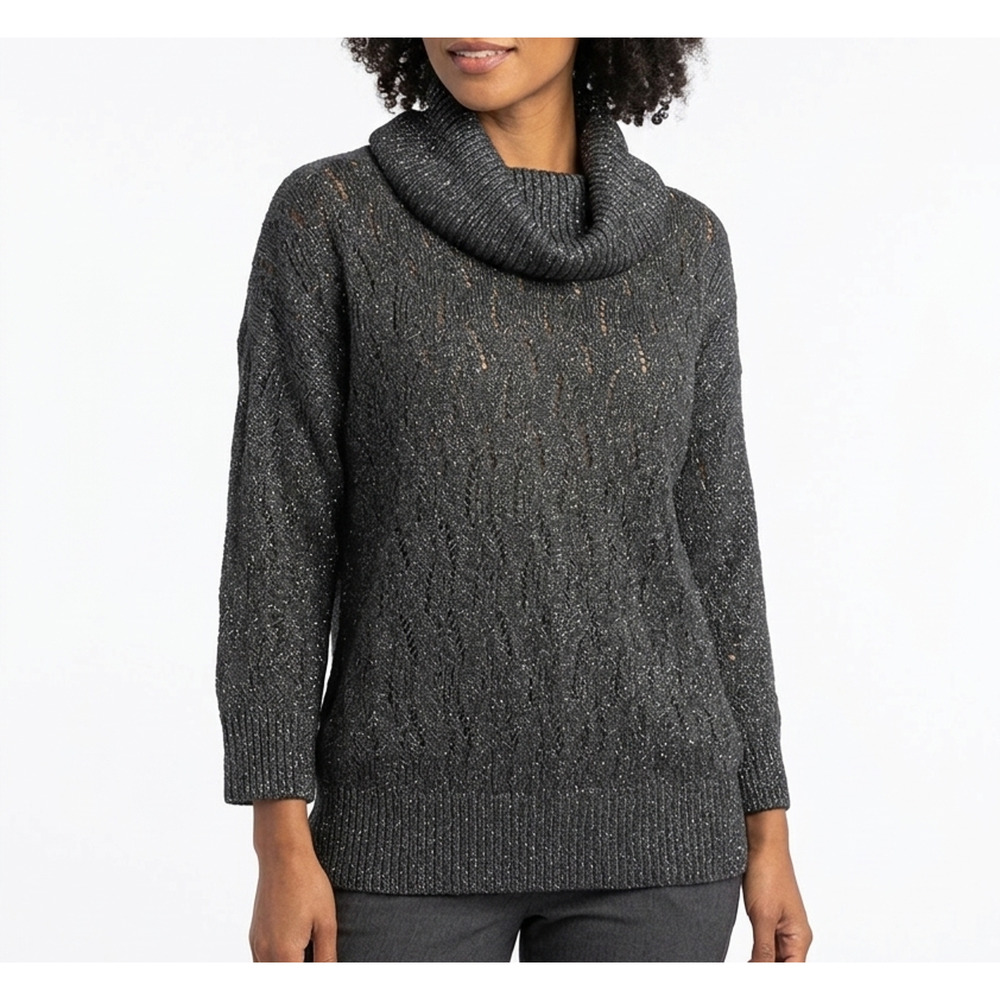 St John Couture Cable Shimmer Crystal Sweater Granite Gray Cowl Neck 3/4 Sleeve